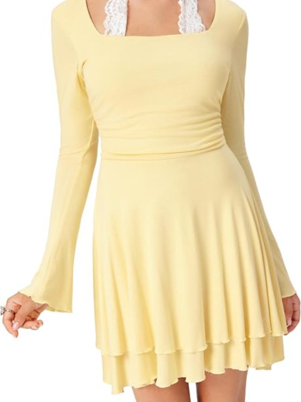 Cider Pale Yellow Long-Sleeve Mini Dress